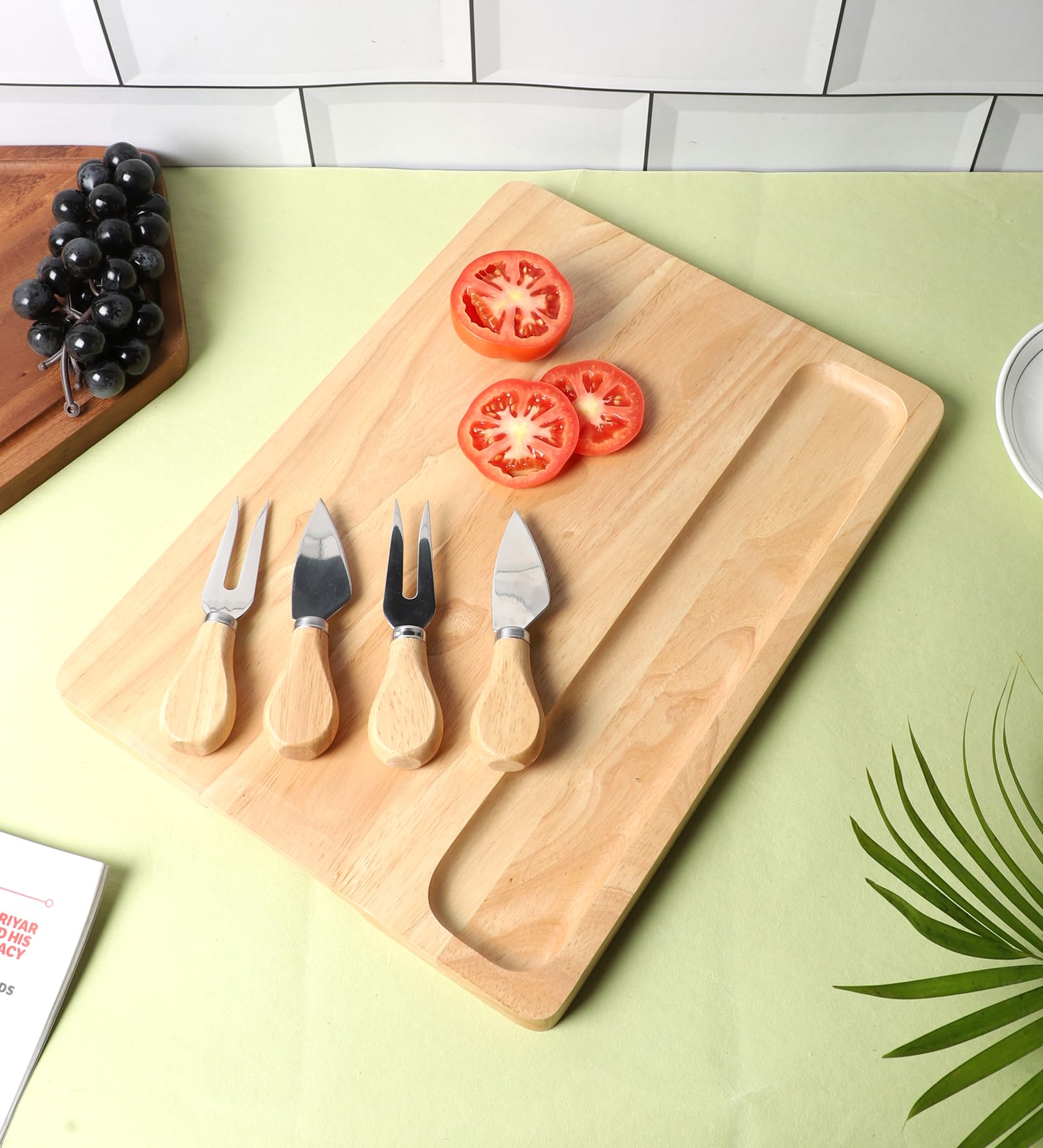 NATURALLYOURS WOODENWARES Rectangular Cheese Board with Knife Set (34 X 25 X 2.8 CMS)
