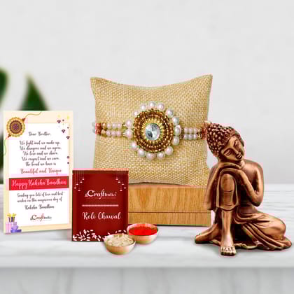 Designer Handcrafted Stone Pearl Rakhi with Brass Buddha Resting Antique Artifact and Roli Chawal Pack, Best Wishes Greeting Card