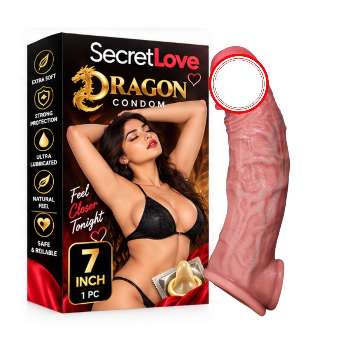 Dragon Silicone Condom | 7 Inch Textured Adult Product | Single Piece Pack | Dragon Design | Intimate Wellness Accessory | Adult Personal Care