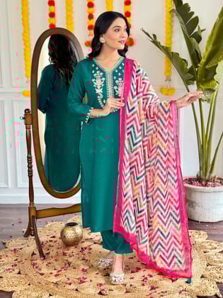 Women's Viscose Chanderi Embroidered Straight Kurta with Viscose Pant And Pure Linen Dupatta Sets