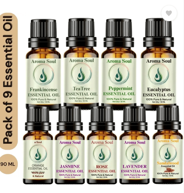 aroma soul Essential Oil Pack of 9, Lavender, Rose, Tea Tree, Jasmine, Peppermint, Rosemary