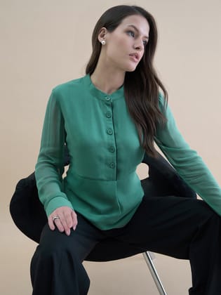 Women Piping Detailed Button-Up Long Sleeve Solid Top-S
