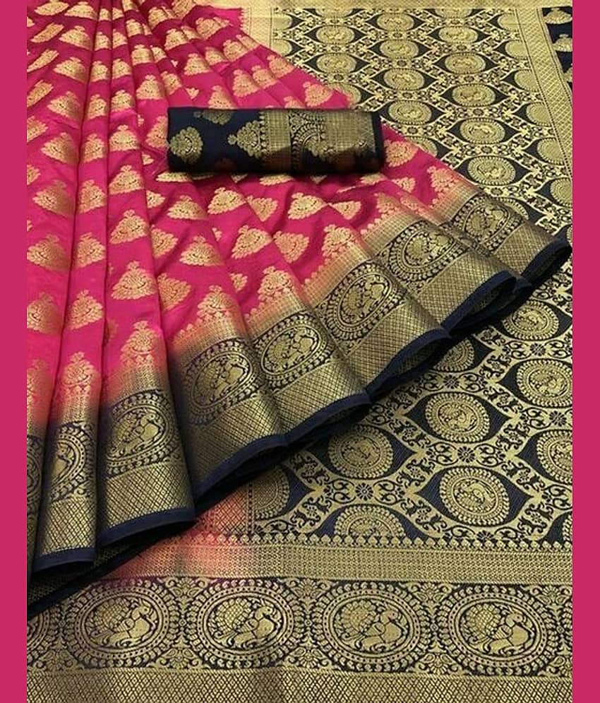 fab woven Banarasi Silk Self Design Saree With Unstitched Blouse Piece ( Pink )