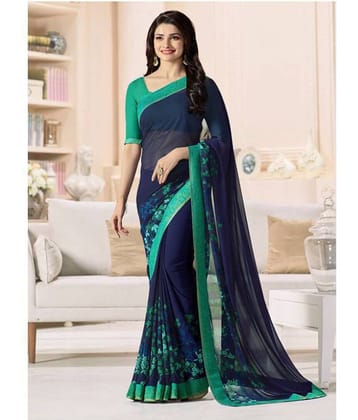 Gazal Fashions Chiffon Printed Saree With Unstitched Blouse Piece ( Blue )
