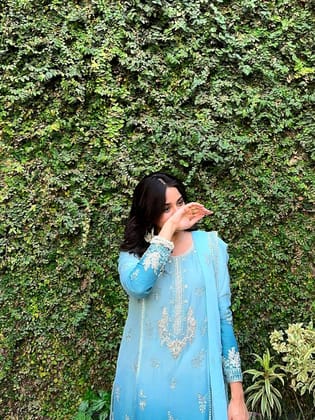 Shiv Textiles Women's Chinon Silk Suit Set Size L in Cyan Color with Sequence Work Party Wear Ethnic Ensemble Stylish Designer Ready to Wear Traditional Indian Fashion Outfit