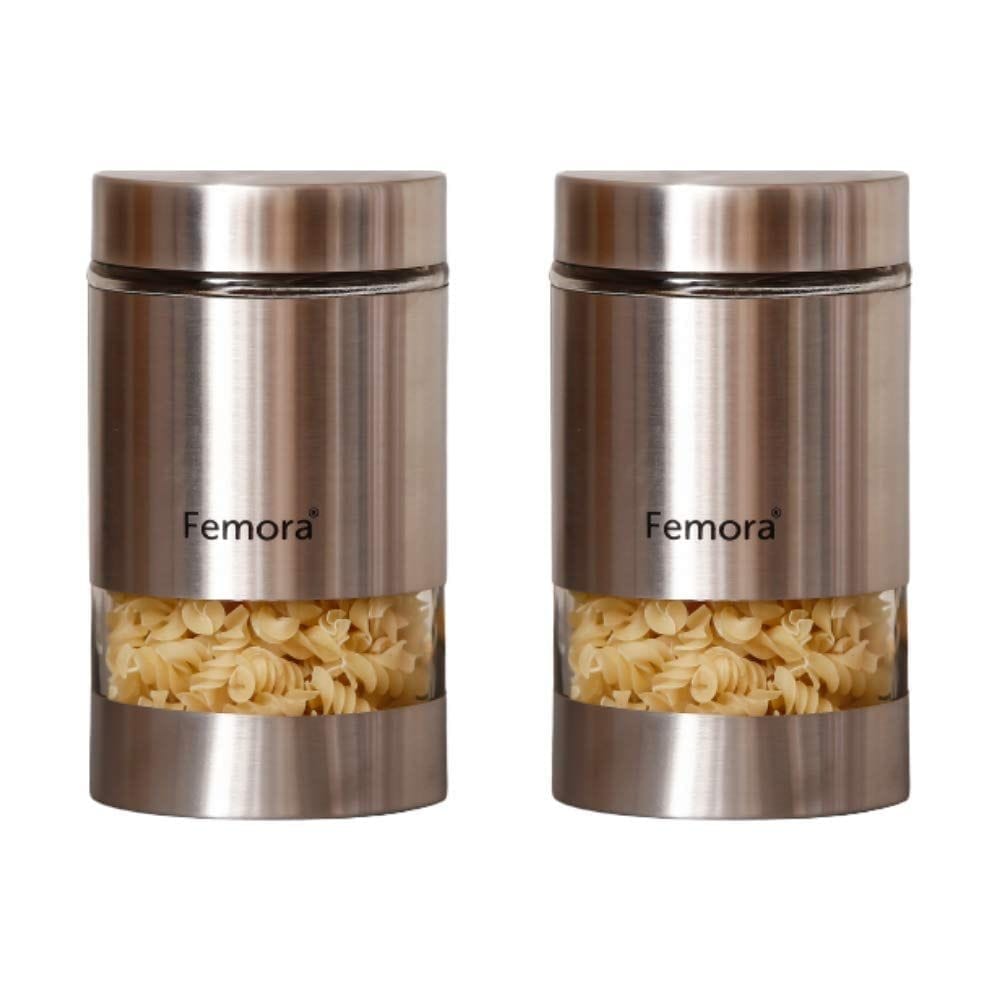Femora Metallic Clear Glass Kitchen Storage Jars, 1000 ml, Set of 2, Free Replacement of Lids