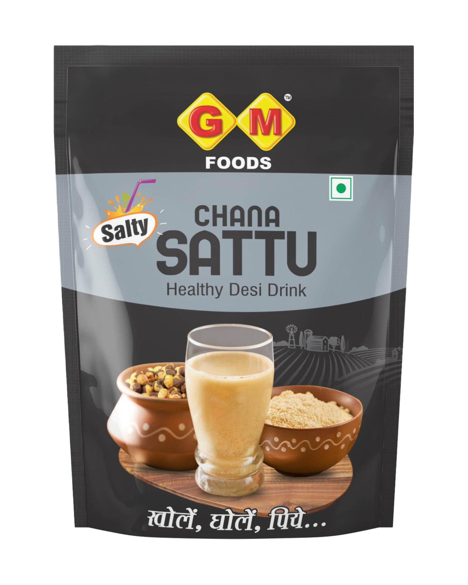 GM Foods Salty Chana Sattu Flour 200 Grams (Pack of 1)| High Protein & Fiber | Natural Atta for Drinking & Cooking | Roasted Black Chana Flour | Sattu Powder for Summer