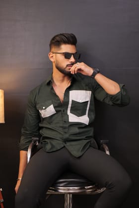 Dark Green-Grey Double Pocket Full Sleeve Shirt Dark Green-Grey Double Pocket Full Sleeve Shirt