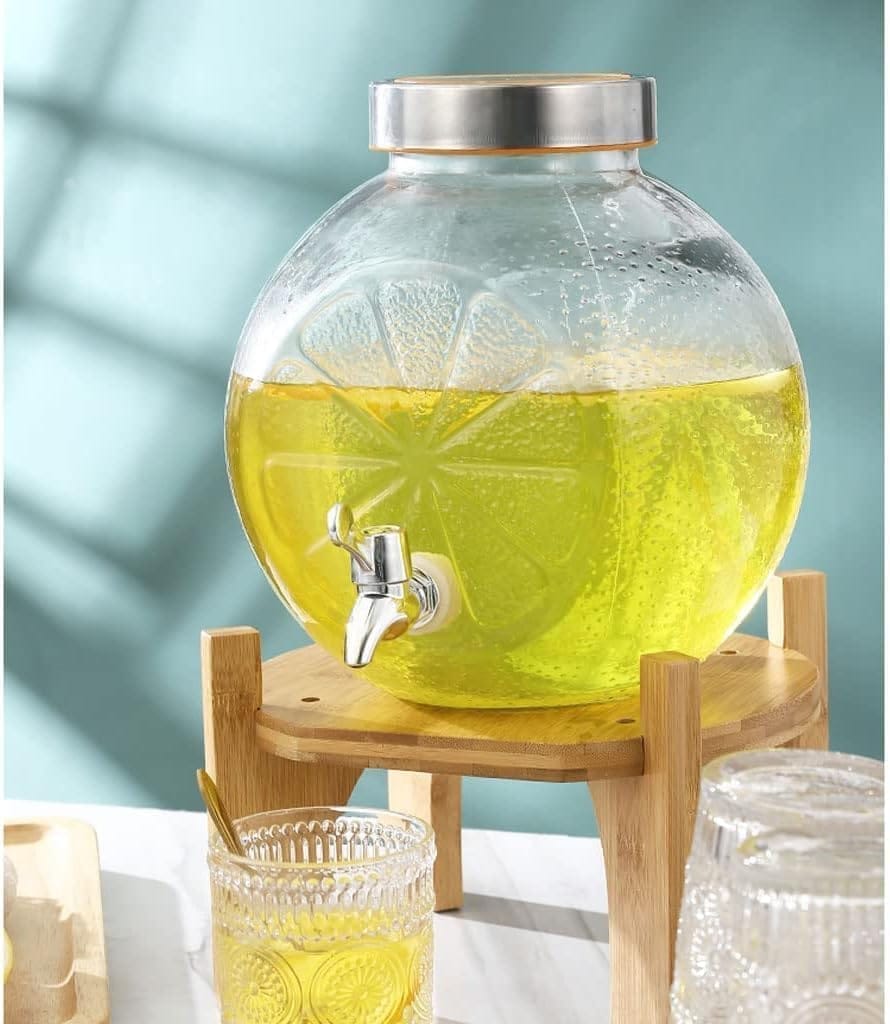 Round Glass Water & Juice Tank | 5000 ML | Dispenser with lid and Tap | Glass Pitcher for Beer, Cocktails, Juice, Cold Drinks and Detox Water | Set of 1