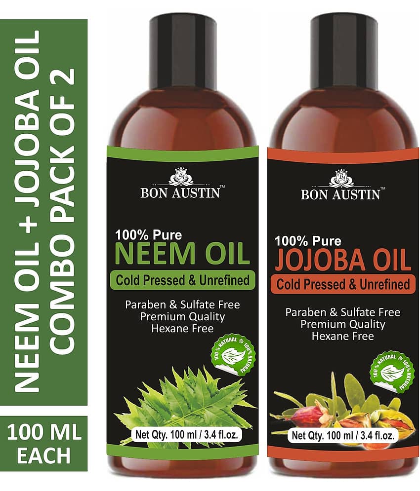 Bon Austin Premium Neem Oil & Jojoba Oil - Cold Pressed & Unrefined Combo pack of 2 bottles of 100 ml(200 ml)