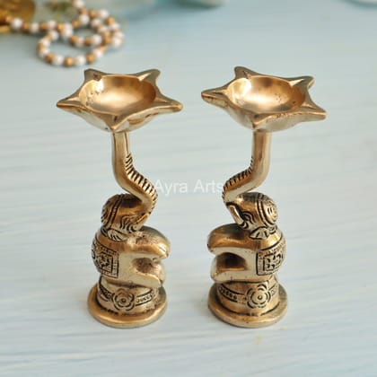 Beautiful Brass Diya Over Elephant Trunk | Brass Standing Elephant Deepak Pair - 4.5 inch Height