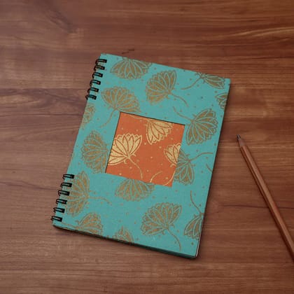 Sukriti Handmade Classic Spiral Window Notebook (Blue, Medium) | Floral Gold Print | Journaling & Sketching