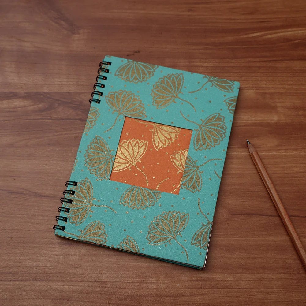 Sukriti Handmade Classic Spiral Window Notebook (Blue, Medium) | Floral Gold Print | Journaling & Sketching