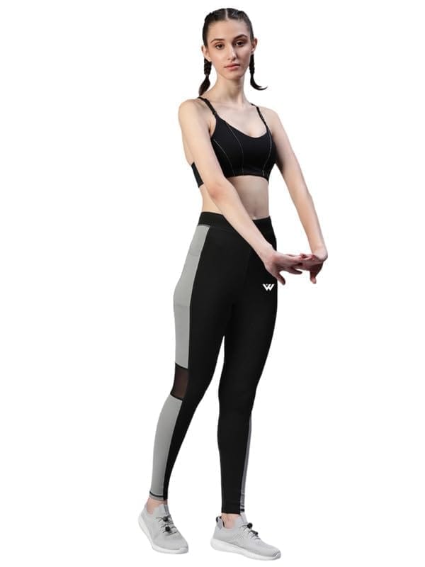 Women's Polyster Solid Sport Leggings (Black & Grey, XS)-PID47676