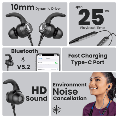 Cellecor Wireless Waterproof Neckband with 25 Hrs playtime Headphone Bluetooth - Black