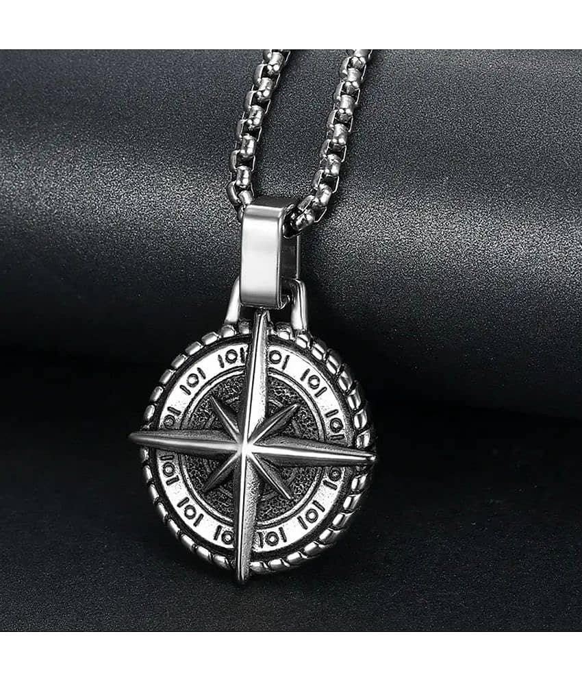 Thrillz Silver Chain Pendant For Men Round Pendant Cross Compass Necklace Chain For Men Boys Men's Jewellery Pendant Necklace Accessories