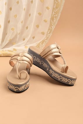 Golden Hand Embroidered Kolhapuri Inspired Wedges-36