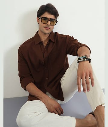 Chimpaaanzee Cotton Blend Oversized Fit Solids Full Sleeves Men's Casual Shirt - Brown ( Pack of 1 )