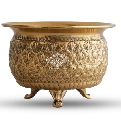 IndianArtVilla Handcrafted Pure Brass Dry Fruits Bowl with 3 Legs, Embossed Flower Design-650ml
