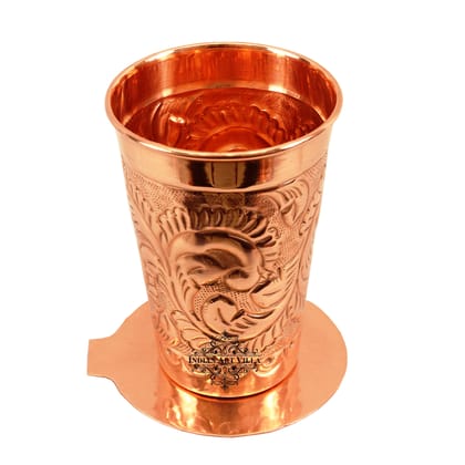 Indian Art Villa Copper Handmade Engraved Flower Design Glass with Coaster 350 ML