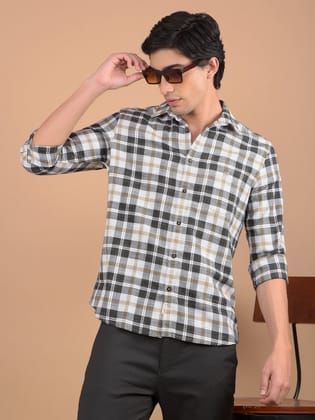Beige Checked 100% Cotton Shirt-M / Beige