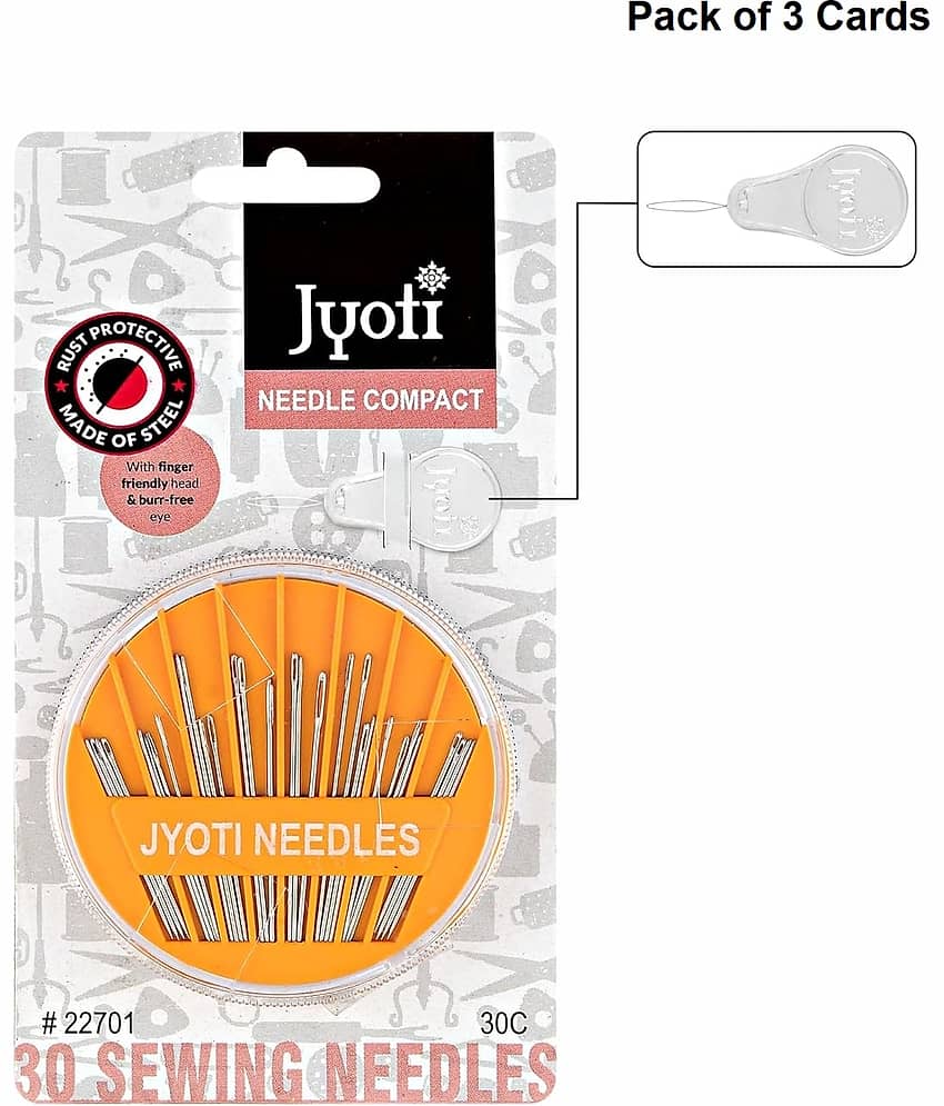 Jyoti Needle Compact Hand Sewing Needles with Needle Threader, Smooth & Snag-Free Eye, Uniformly Polished & Non-Porous Surfaces, Used for Sewing & Home Purposes, 22701, Big (30 Assorted) - 3 Cards