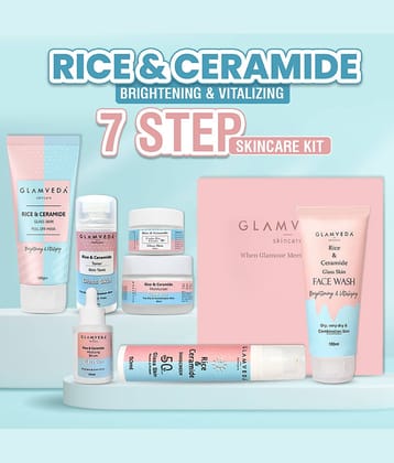 Glamveda Korean Glass Skin Rice & Ceramide 7 Step Weekly Skincare Routine For Women with Gift&nbsp;Box | Face wash, Peel Off Mask, Toner, Serum, Under eye cream, Moisturizer & Sunscreen