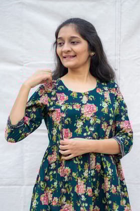 Meher Dark Green Maternity and Nursing Cotton Lounge Wear Set-S