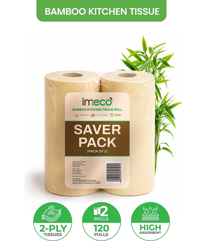 IMECO 2 Ply Bamboo Kitchen Tissues | 120 Pulls (60 Pulls x 2 Rolls) | Made from Bamboo Pulp | Soft, Super Absorbent & Strong | Food-Safe & Chemical-Free Kitchen Towels