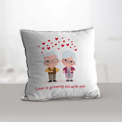 Valentine Combo of Colorful "Love Is Getting Old With You" Old Couple Hearts Print Cushion & Mug With Keychain Gift Set