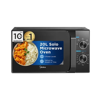 Midea 20L Solo Microwave Oven | 5 Power Levels + Defrost | 10-Year Magnetron Warranty | Mechanical Knob Control | Easy-Clean Powder-Coated Cavity | Energy Efficient | Oven for Reheating & Cooking Midea 20L Solo Microwave Oven | 5 Power Levels + Defrost |
