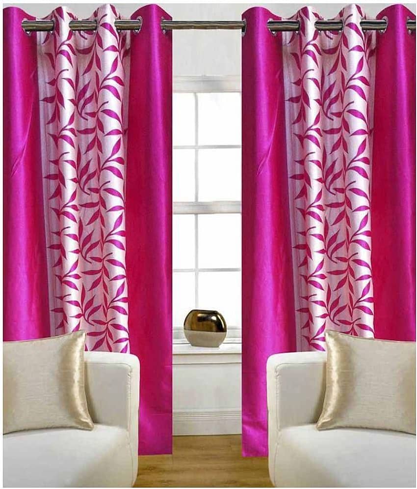 Phyto Home Floral Semi-Transparent Eyelet Door Curtain 7 ft Pack of 2 -Pink