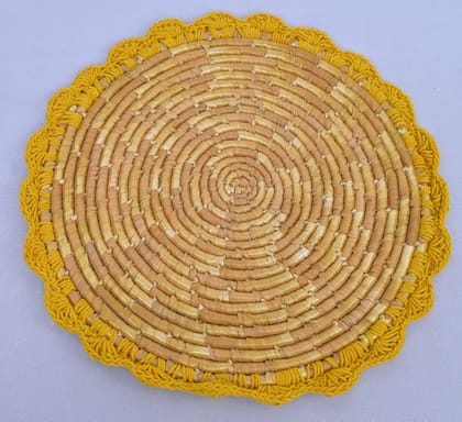 Handwoven Wheatgrass Table Mat with Crochet Border