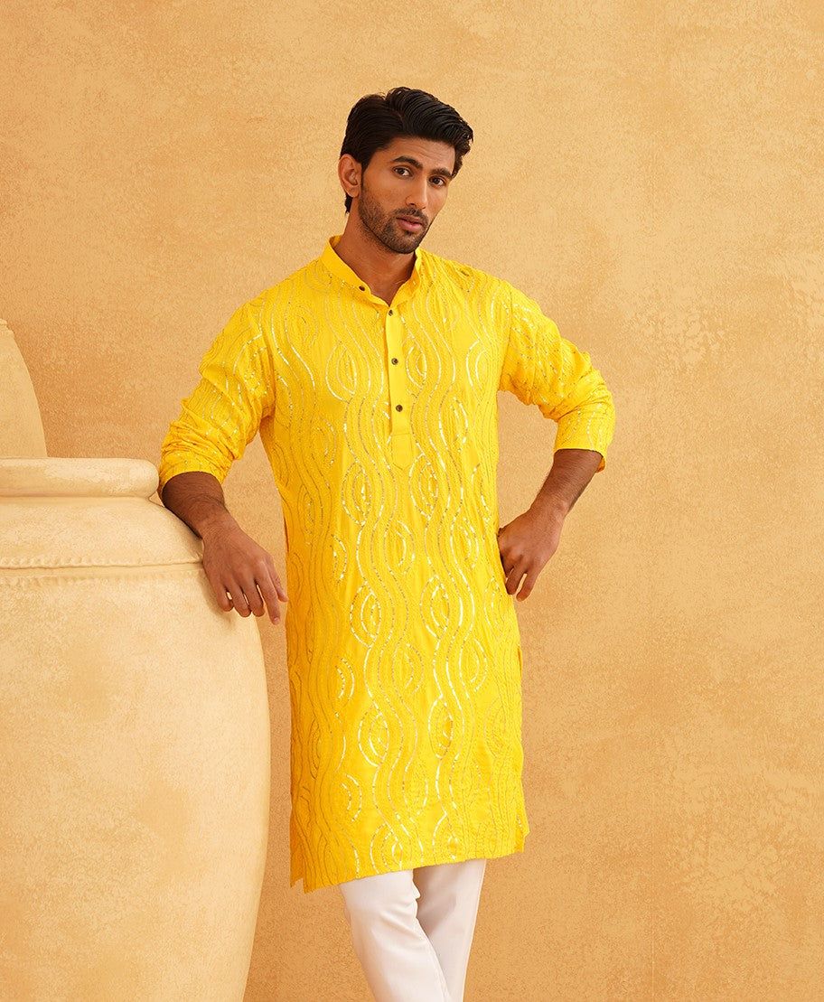 Men's Pure Cotton Mustard designer Kurta-36