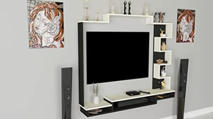 DAS David High Strength & Durable Wall Mount Engineered Wood TV Entertainment Unit Stand Set Top Box Stand for Living Room Black & White Large (Ideal for up to 50") Screen DAS David High Strength & Durable Wall Mount Engineered Wood TV Entertainment Unit Stand Set Top Box Stand for Living Room Black & White Large (Ideal for up to 50") Screen