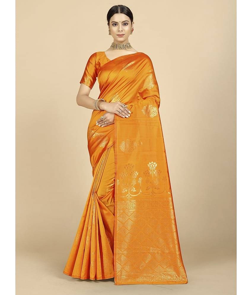 BLEESBURY Banarasi Silk Woven Saree With Unstitched Blouse Piece ( Mustard )