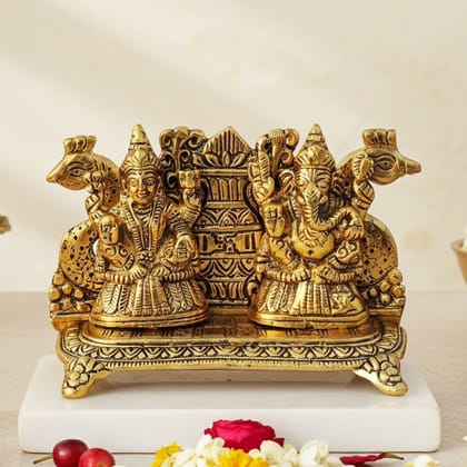 Aluminium Peacock Laxmi Ganesh Statue | Premium Religious Showpiece, Height : 4 Inch (ASMAS436 G)
