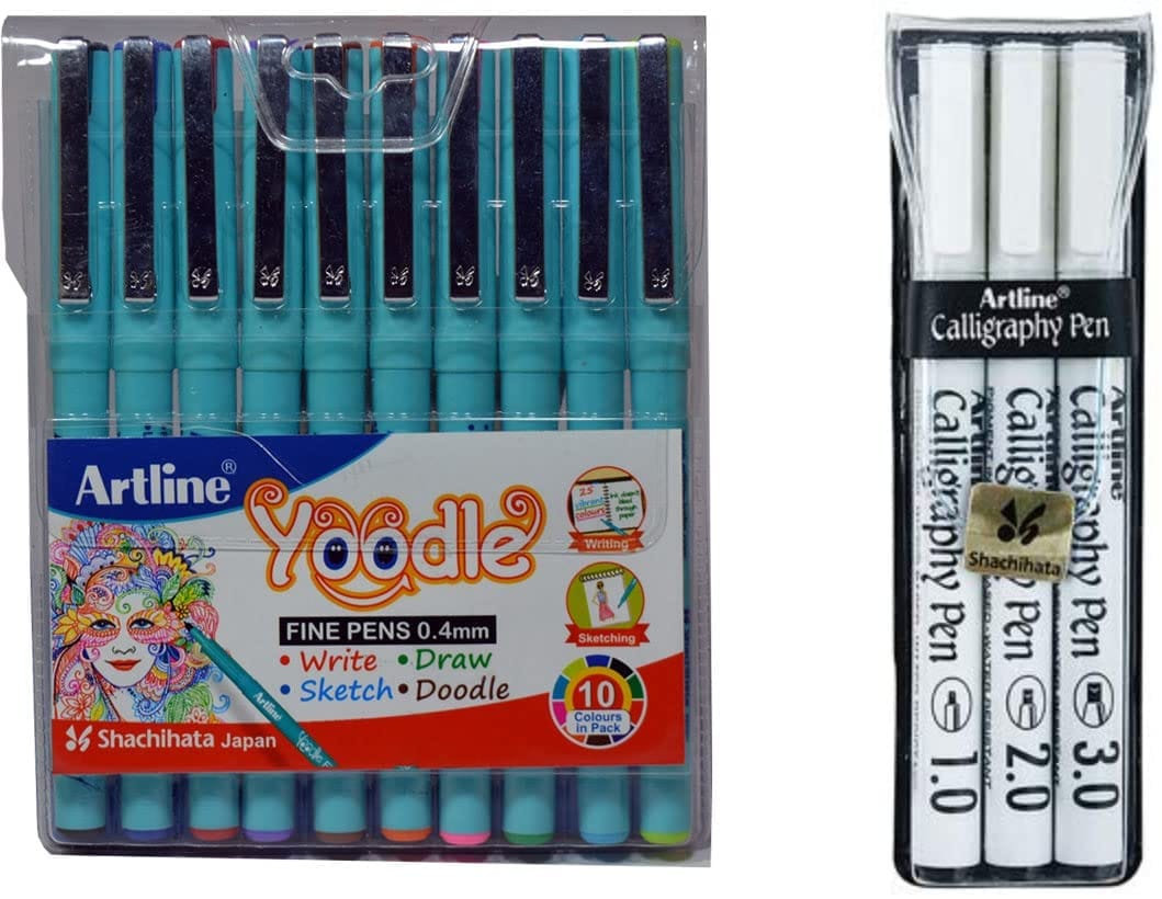 Artline Premium Calligraphy Pens Set - 10 Yoodle Fine Pens & 3 White Barrel Calligraphy Pens in Vinyl Wallet - Perfect for Sketching, Lettering, and Decoration