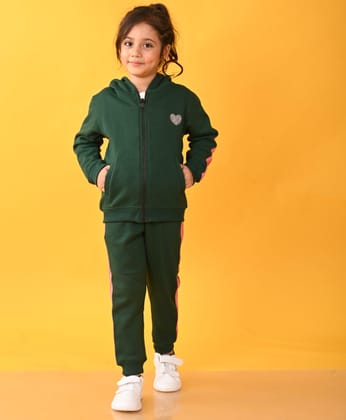 OLIVE FLEECE PINK GLITTER TAPE ZIPPER HOODIE JOGGER SET - OLIVE-0-6 MONTHS / 2N / GREEN