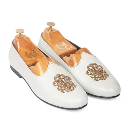 Royal Crest©️ Leather Juttis (Ivory White)(Patent Copyright Artwork)-EU 41 / UK 7 / White