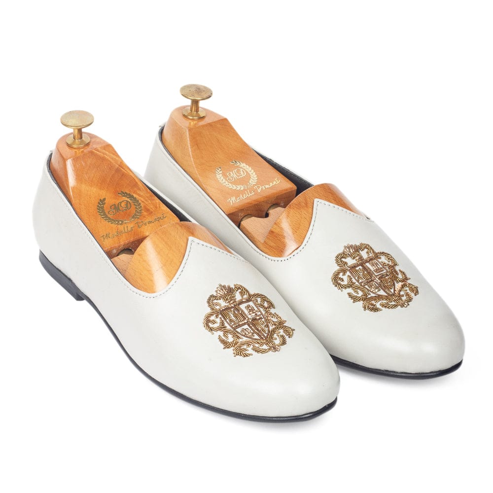 Royal Crest©️ Leather Juttis (Ivory White)(Patent Copyright Artwork)-EU 41 / UK 7 / White