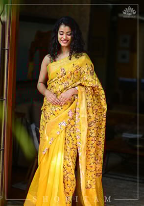 Silk Linen Saree in Yellow with Floral Half Jaal Embroidery