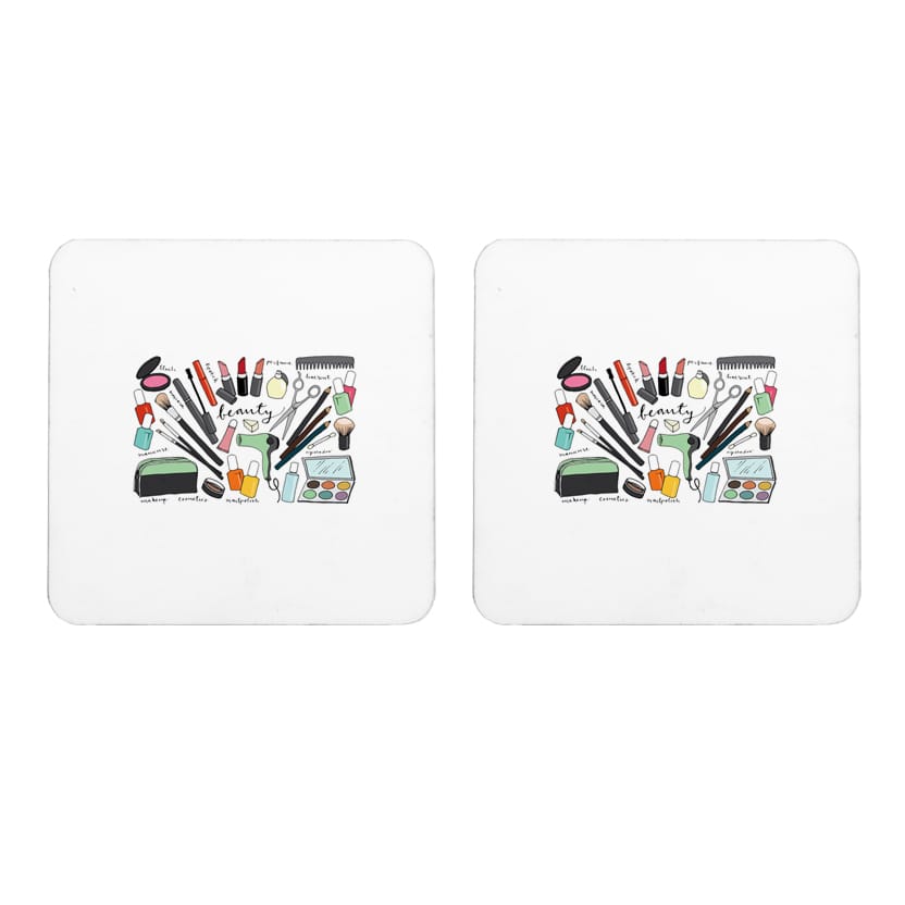 Multicolor Beauty Make Up Set Of 2 Square Wooden Coaster