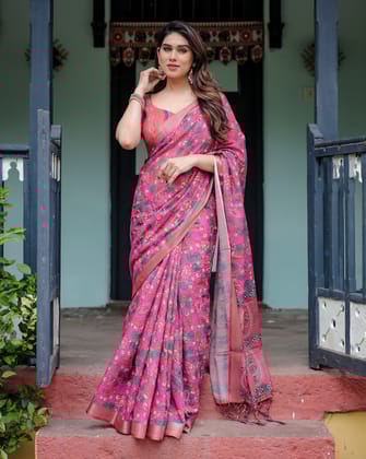 Magenta and Pink Pure Cotton Linen Saree with Floral and Paisley Block Print, Blouse, and Tassel Detailing-Regular