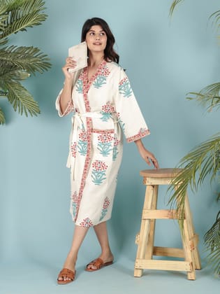 Luxury Waffle Cotton Bathrobe – Unisex | Handblock Printed | Free Size