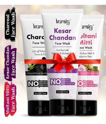 KURAIY Kesar Chandan Multani Mitti & Charcoal Skin Lightening &Tan Removal Face wash pack of 3