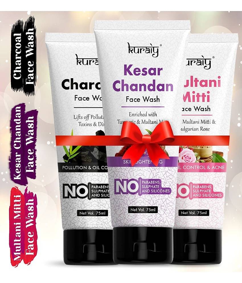 KURAIY Kesar Chandan Multani Mitti & Charcoal Skin Lightening &Tan Removal Face wash pack of 3