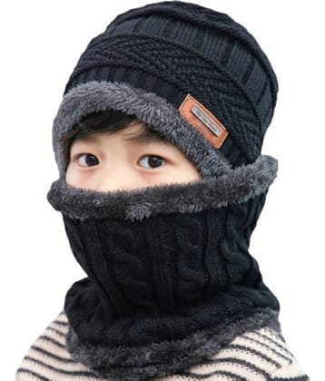 INFISPACE Baby's Boy's Warm Beanie Cap & Neck Scarf Set | Kids/Boys/Girls/Unisex Winter Woolen Warm Beanie Cap with Neck Warmer Black Color| Size- 6-12 Months
