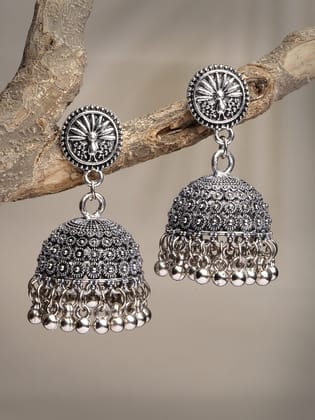 NVR Women Silver-Toned German Silver Oxidised Dome Shaped Jhumka Earrings-Onesize / Silver / German Silver