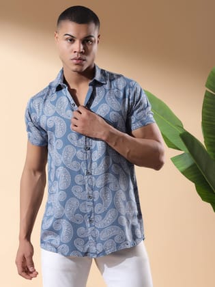 Blue Half Casual Printed Cotton Shirt Regular Fit For Man-Blue-S / Blue